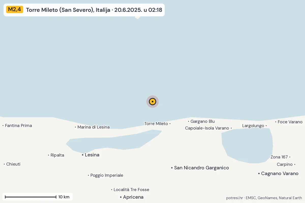 Karta: okolica epicentra, 60 km, potres M2,4, Torre Mileto (San Severo), Italija, 20.6.2025.