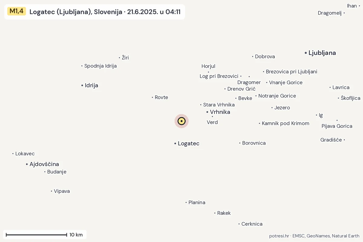 Karta: okolica epicentra, 60 km, potres M1,4, Logatec (Ljubljana), Slovenija, 21.6.2025.