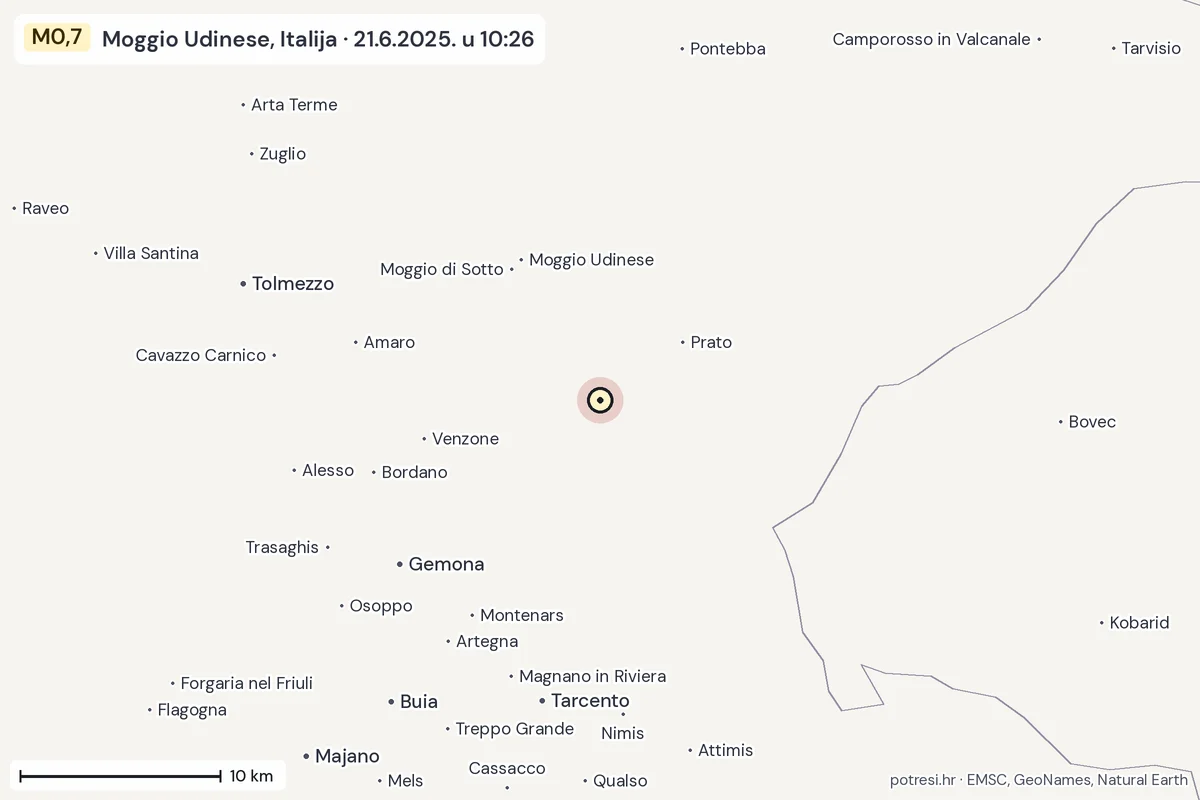 Karta: okolica epicentra, 60 km, potres M0,7, Moggio Udinese, Italija, 21.6.2025.
