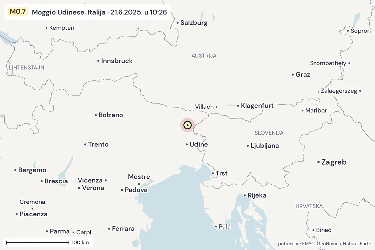 Karta: šire područje, 600 km, potres M0,7, Moggio Udinese, Italija, 21.6.2025.