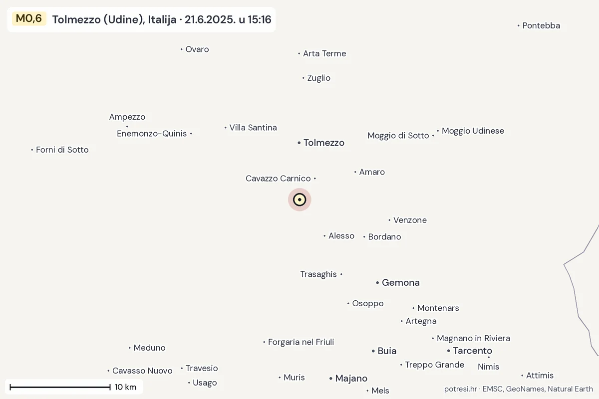 Karta: okolica epicentra, 60 km, potres M0,6, Tolmezzo (Udine), Italija, 21.6.2025.