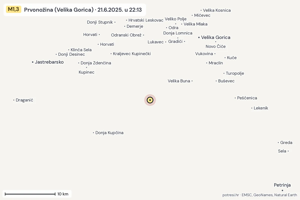Karta: okolica epicentra, 60 km, potres M1,3, Prvonožina (Velika Gorica), 21.6.2025.