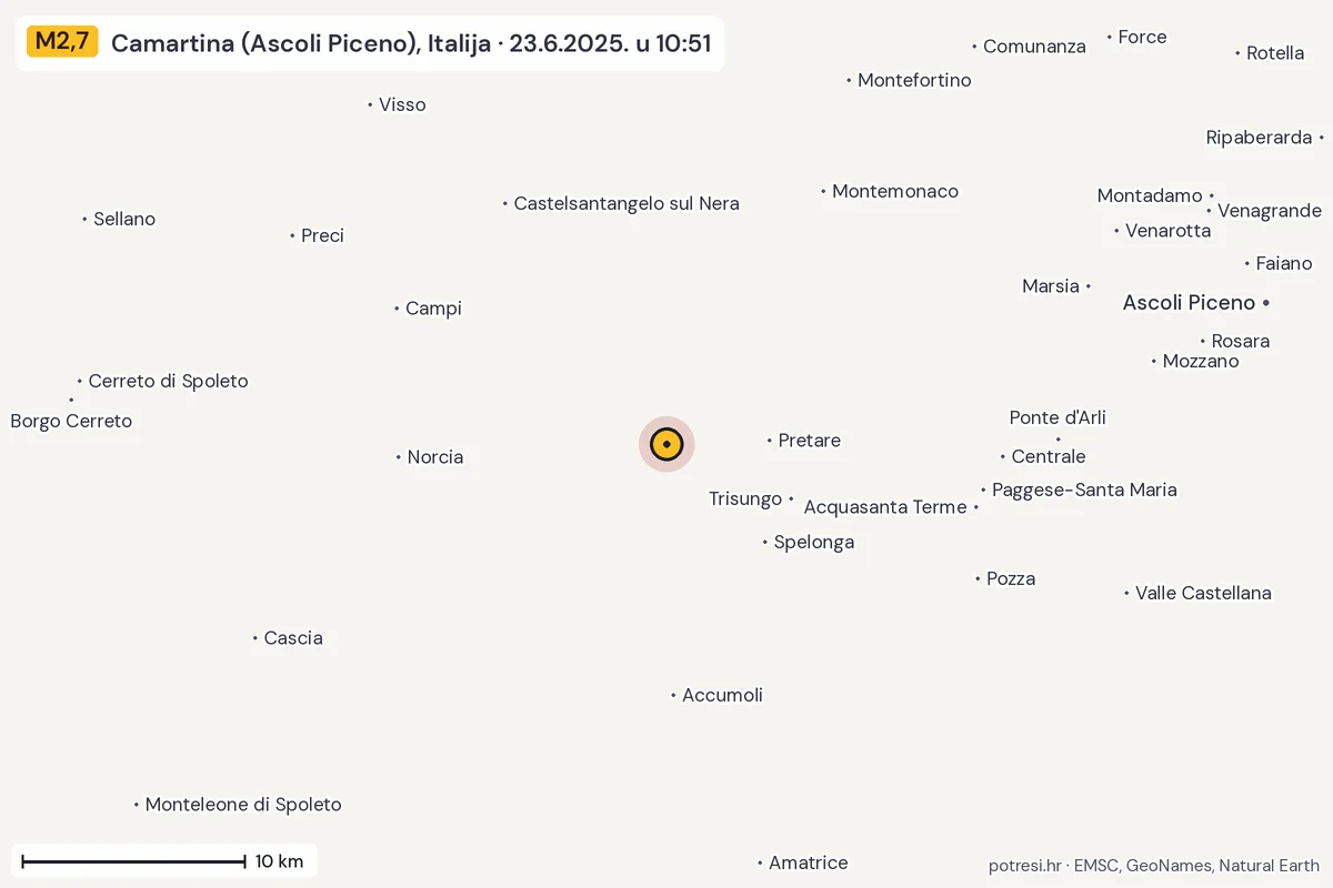 Karta: okolica epicentra, 60 km, potres M2,7, Camartina (Ascoli Piceno), Italija, 23.6.2025.