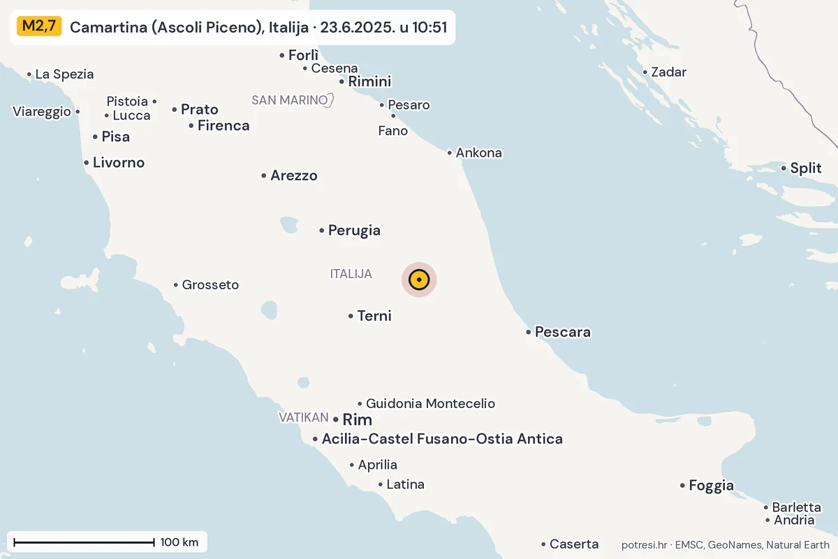 Karta: šire područje, 600 km, potres M2,7, Camartina (Ascoli Piceno), Italija, 23.6.2025.