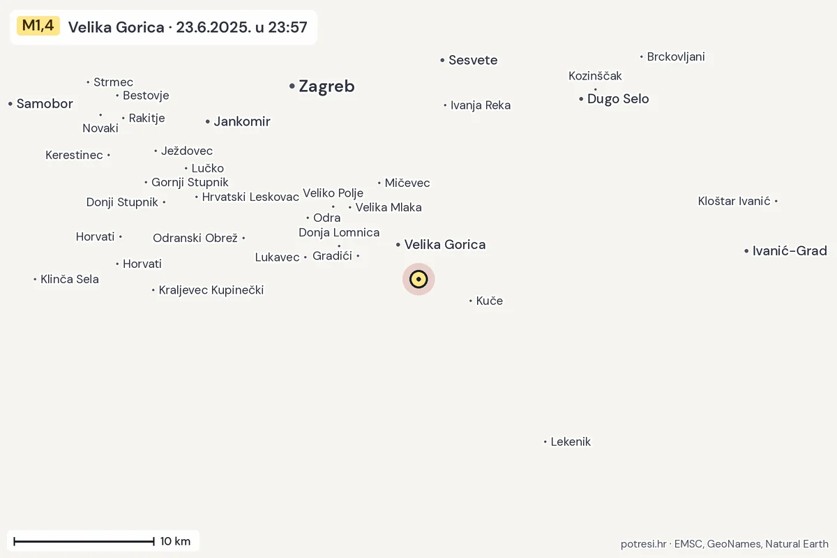 Karta: okolica epicentra, 60 km, potres M1,4, Velika Gorica, 23.6.2025.