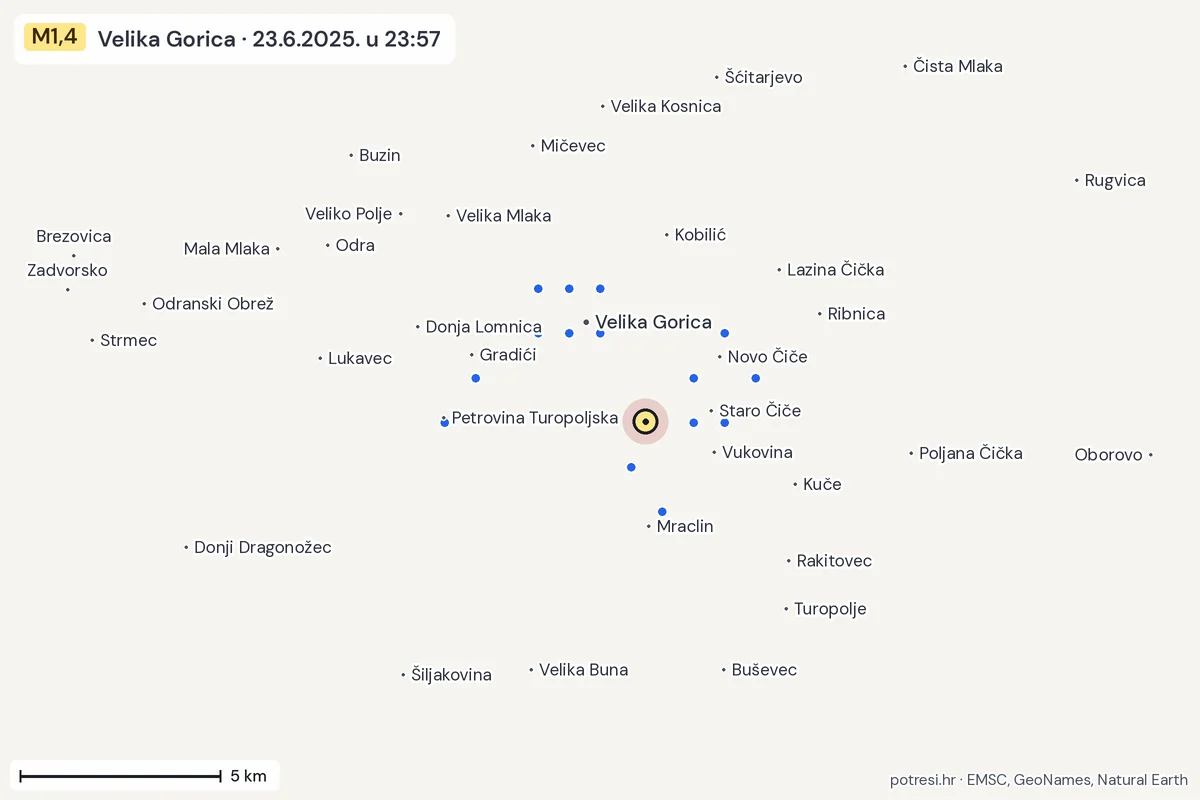 Karta: izvješća građana, potres M1,4, Velika Gorica, 23.6.2025.