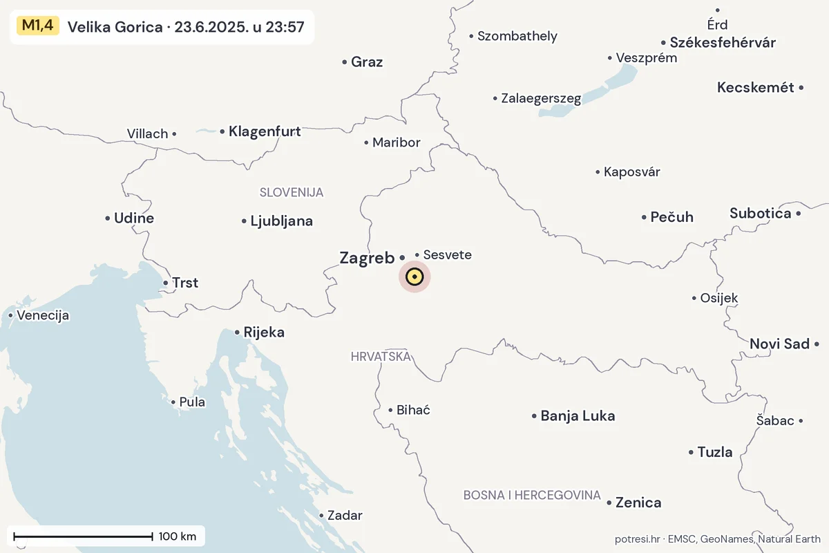 Karta: šire područje, 600 km, potres M1,4, Velika Gorica, 23.6.2025.