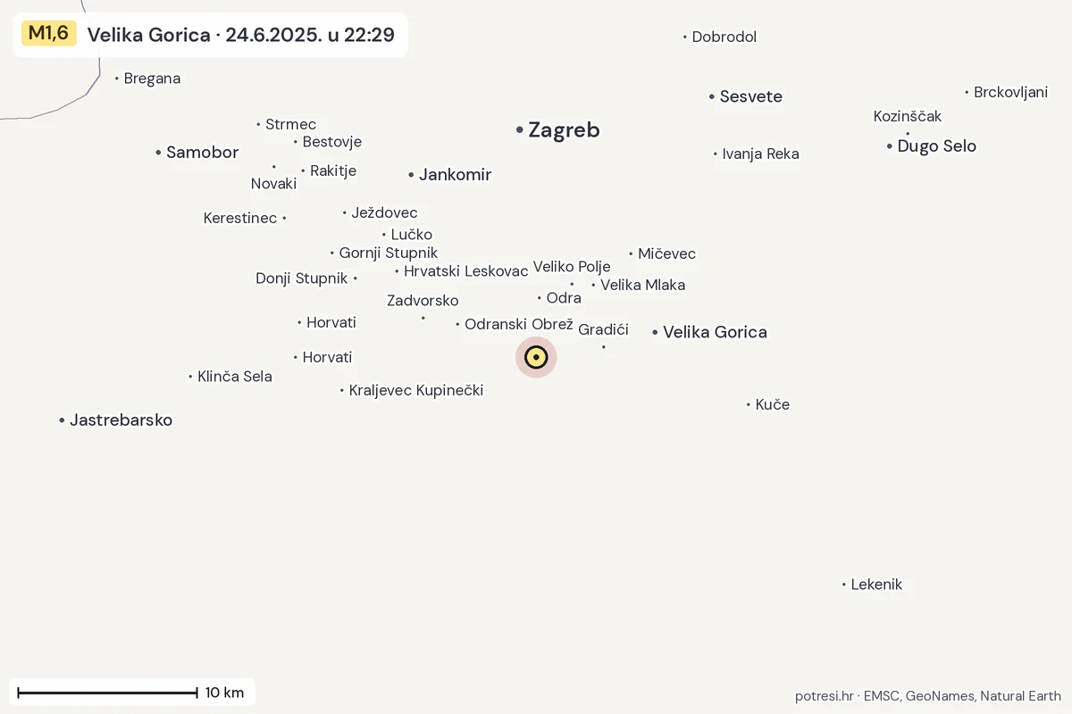 Karta: okolica epicentra, 60 km, potres M1,6, Velika Gorica, 24.6.2025.
