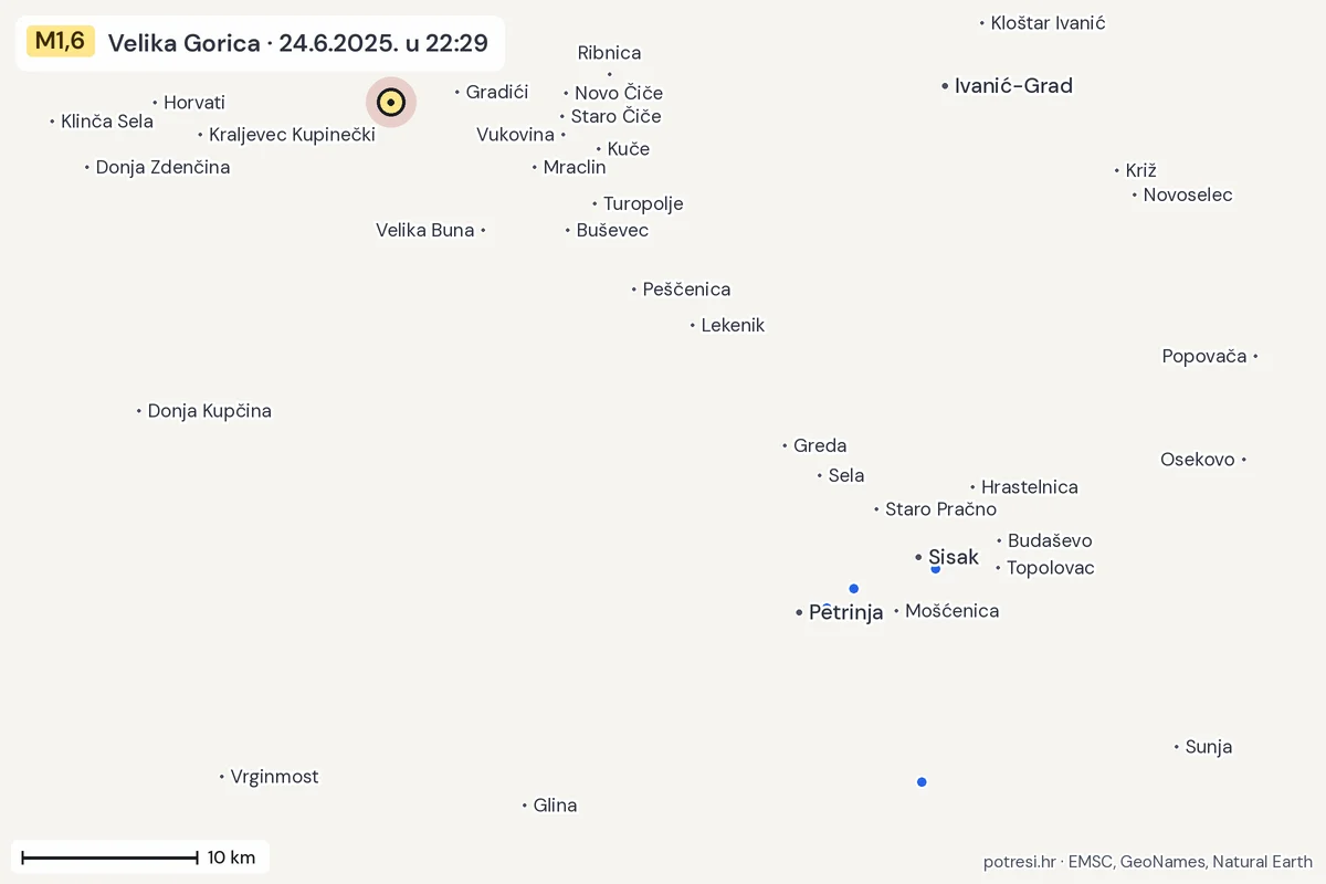 Karta: izvješća građana, potres M1,6, Velika Gorica, 24.6.2025.