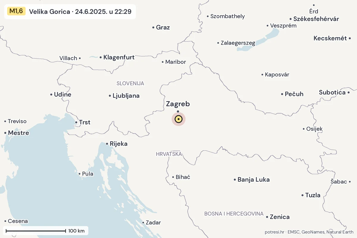 Karta: šire područje, 600 km, potres M1,6, Velika Gorica, 24.6.2025.