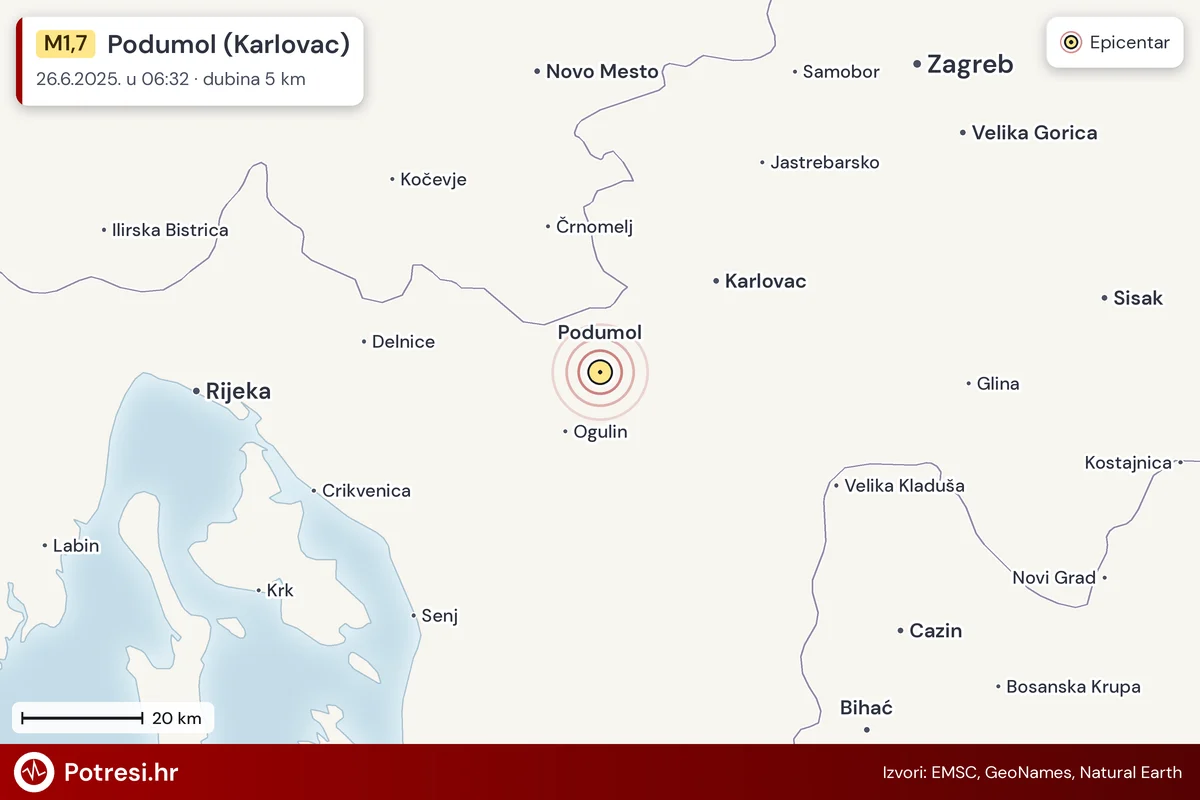 Karta: šire područje i vjerojatni doseg osjeta, potres M1,7, Podumol (Karlovac), 26.6.2025.