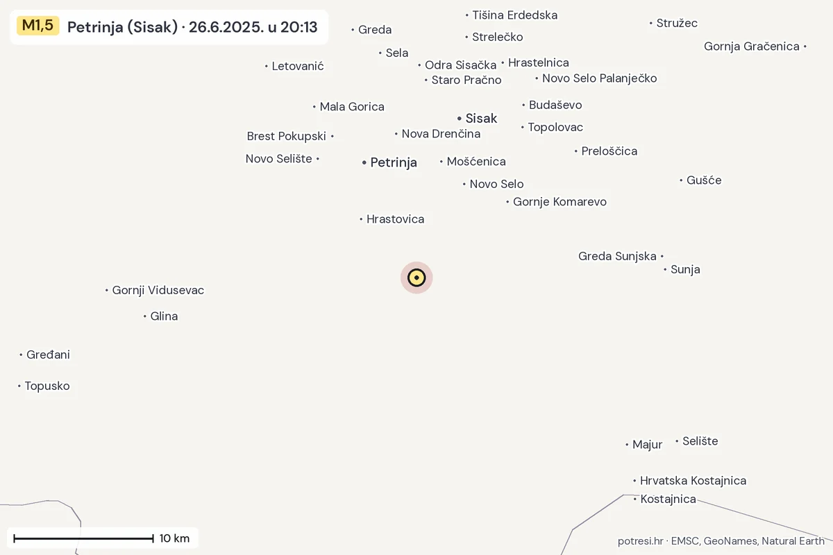 Karta: okolica epicentra, 60 km, potres M1,5, Petrinja (Sisak), 26.6.2025.
