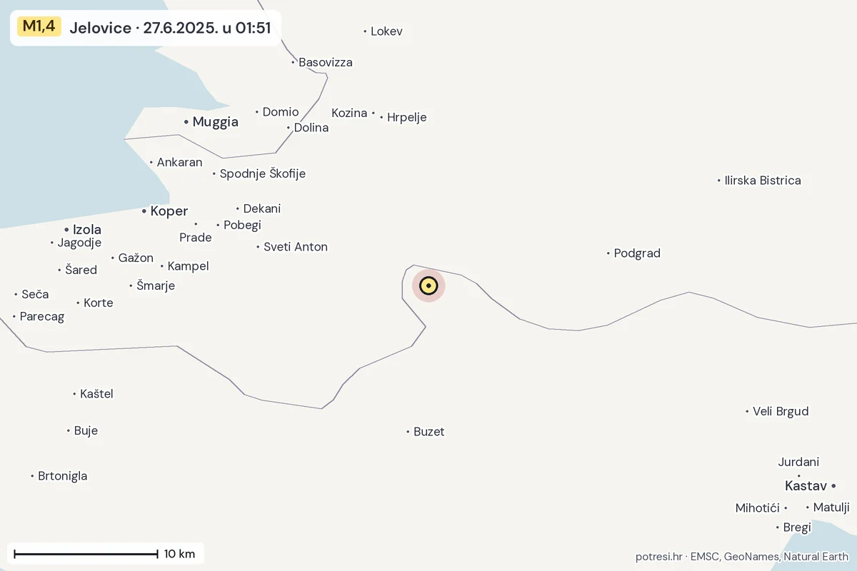 Karta: okolica epicentra, 60 km, potres M1,4, Jelovice, 27.6.2025.