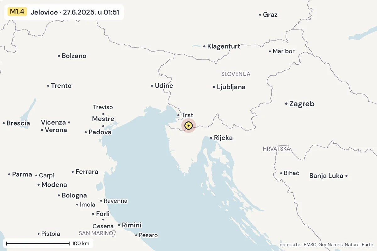 Karta: šire područje, 600 km, potres M1,4, Jelovice, 27.6.2025.