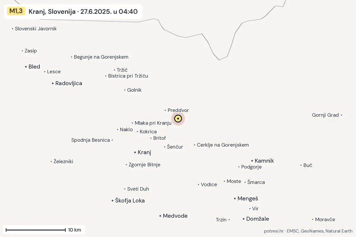 Karta: okolica epicentra, 60 km, potres M1,3, Kranj, Slovenija, 27.6.2025.