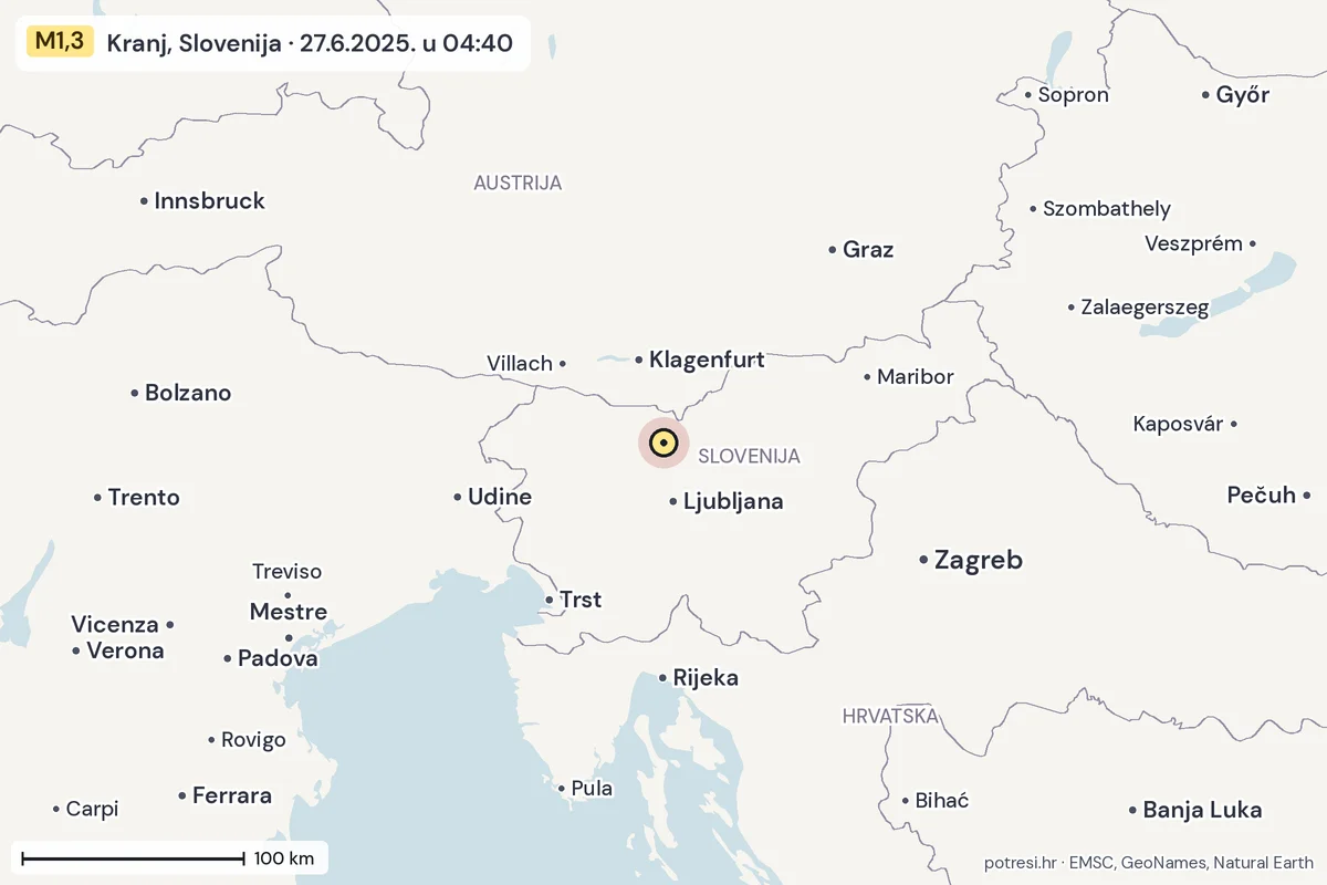 Karta: šire područje, 600 km, potres M1,3, Kranj, Slovenija, 27.6.2025.