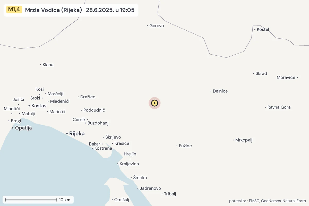 Karta: okolica epicentra, 60 km, potres M1,4, Mrzla Vodica (Rijeka), 28.6.2025.