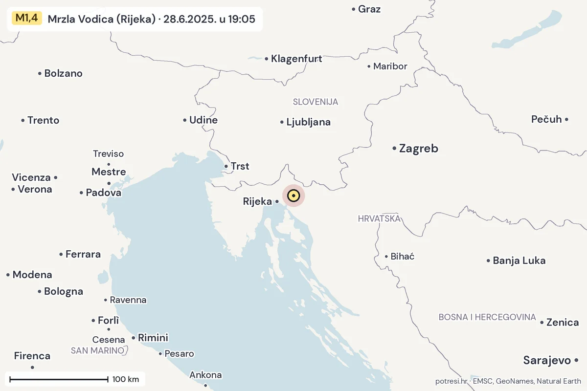 Karta: šire područje, 600 km, potres M1,4, Mrzla Vodica (Rijeka), 28.6.2025.
