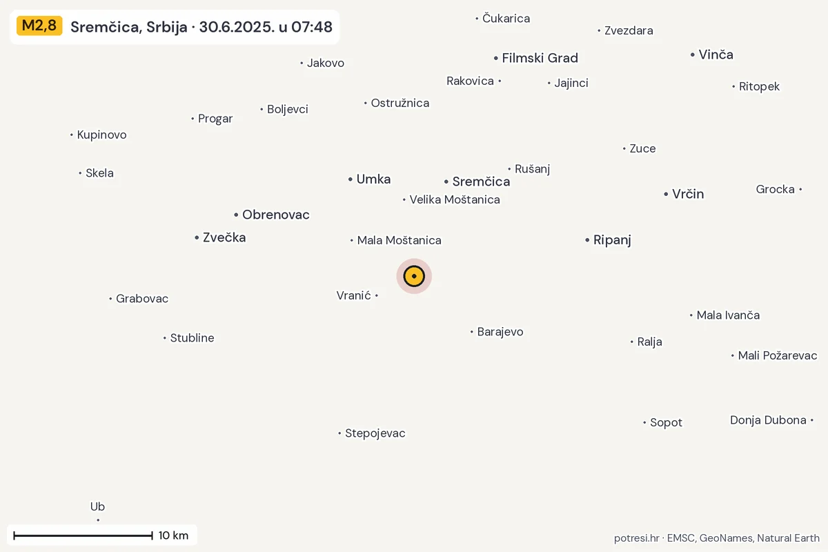 Karta: okolica epicentra, 60 km, potres M2,8, Sremčica, Srbija, 30.6.2025.