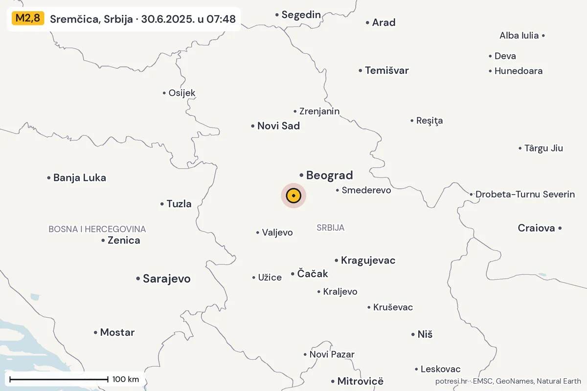 Karta: šire područje, 600 km, potres M2,8, Sremčica, Srbija, 30.6.2025.