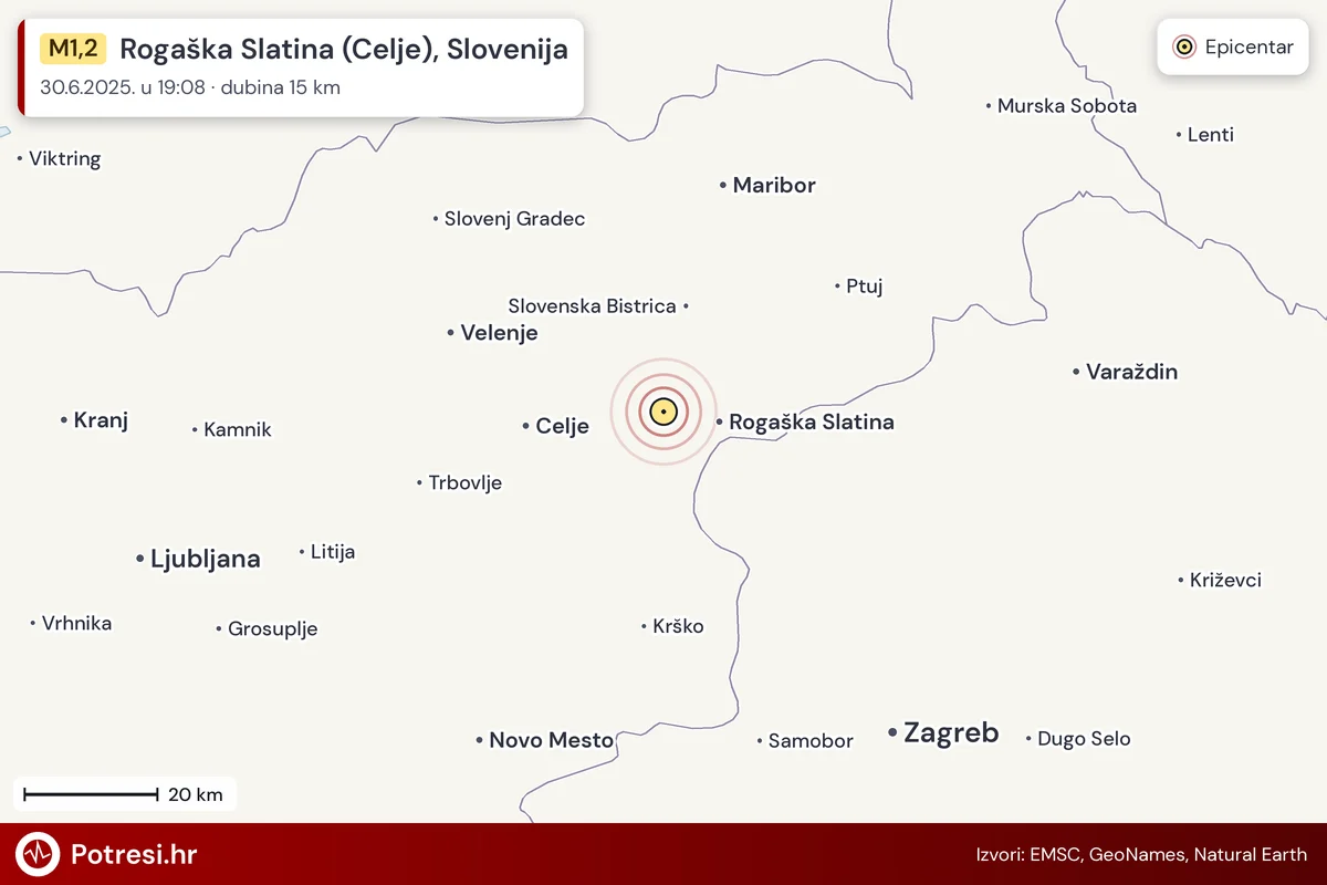Karta: šire područje i vjerojatni doseg osjeta, potres M1,2, Rogaška Slatina (Celje), Slovenija, 30.6.2025.