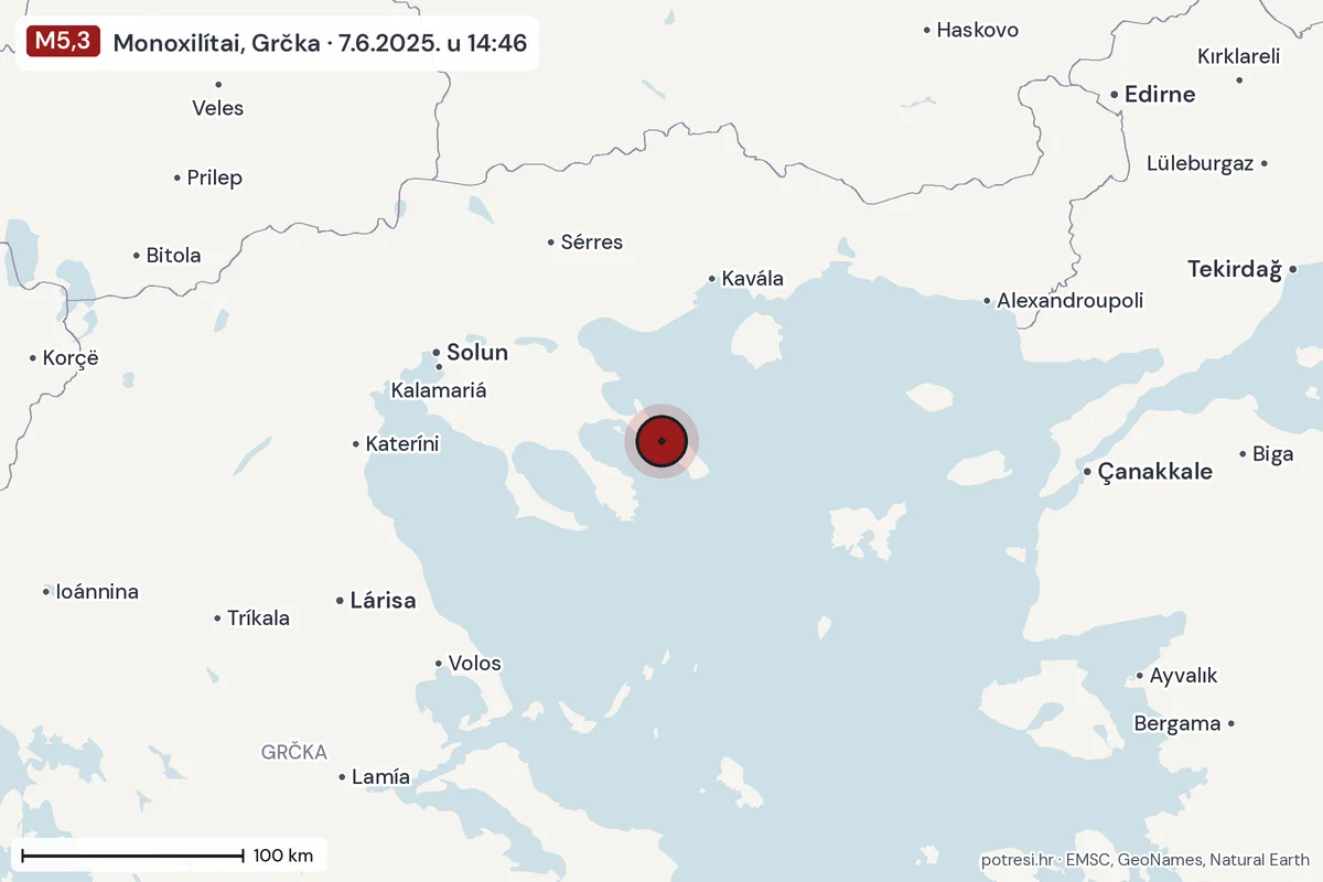 Karta: šire područje, 600 km, potres M5,3, Monoxilítai, Grčka, 7.6.2025.