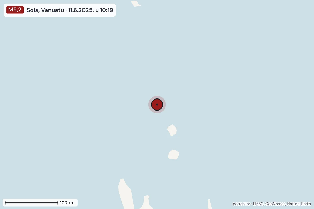 Karta: šire područje, 600 km, potres M5,2, Sola, Vanuatu, 11.6.2025.