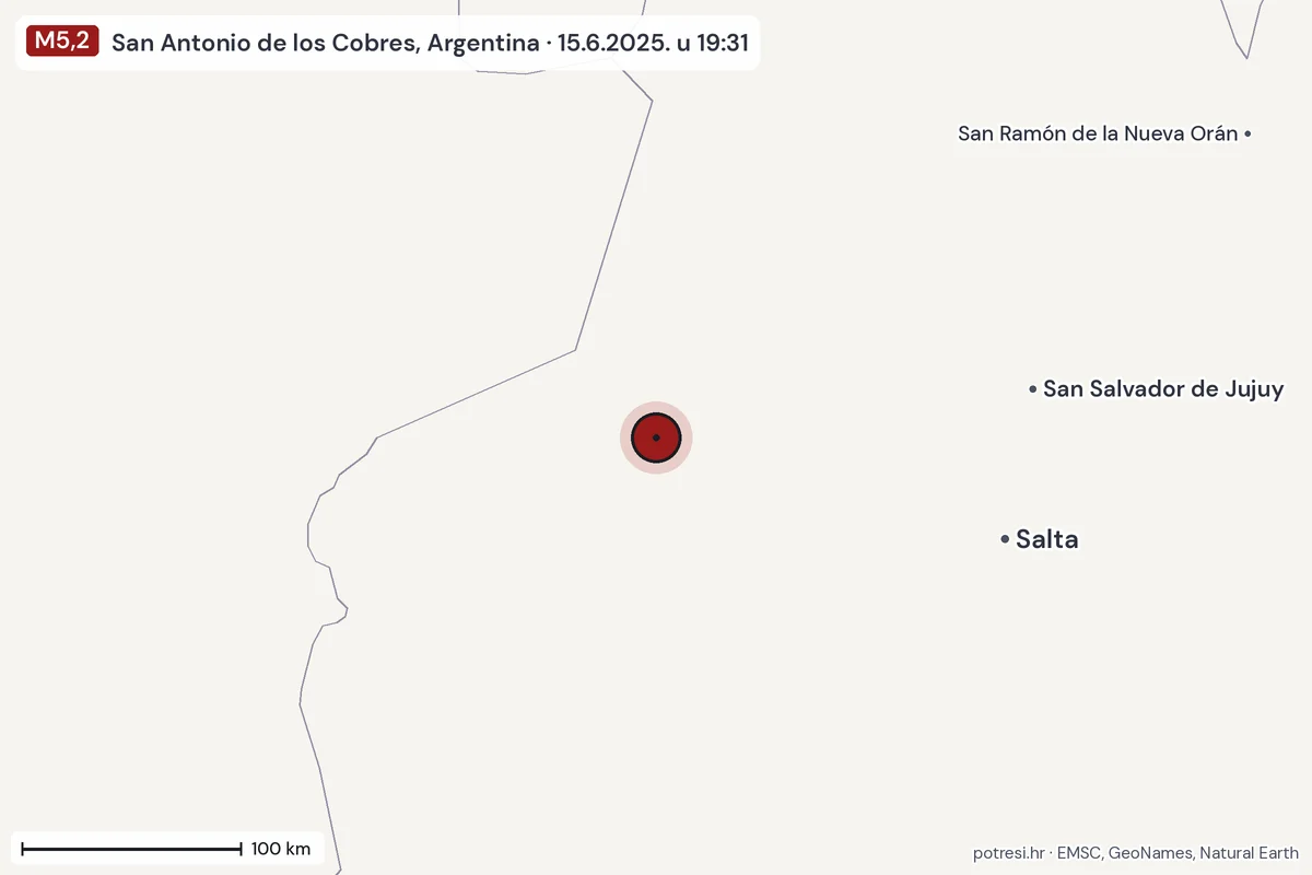 Karta: šire područje, 600 km, potres M5,2, San Antonio de los Cobres, Argentina, 15.6.2025.