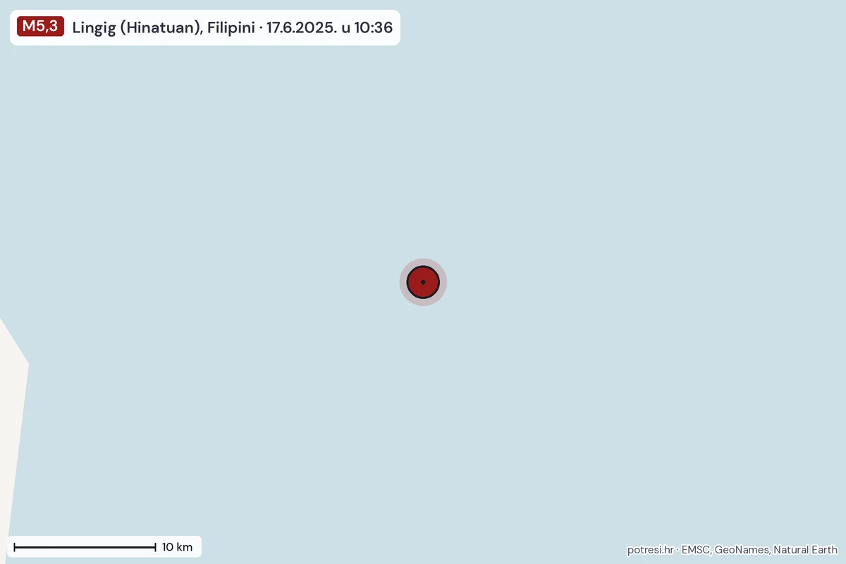 Karta: okolica epicentra, 60 km, potres M5,3, Lingig (Hinatuan), Filipini, 17.6.2025.