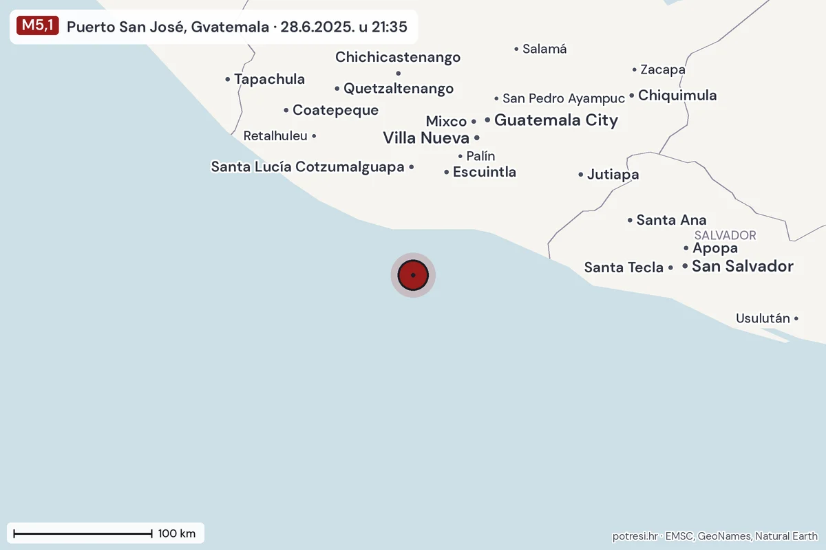 Karta: šire područje, 600 km, potres M5,1, Puerto San José, Gvatemala, 28.6.2025.