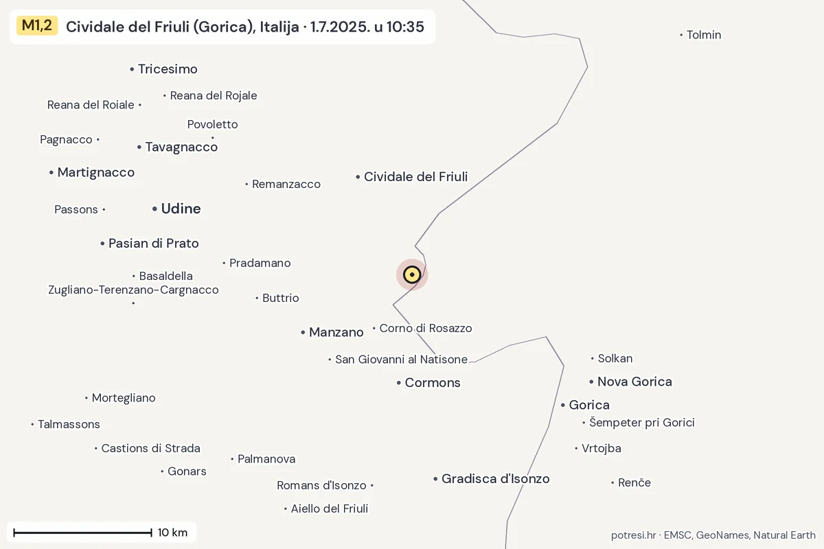 Karta: okolica epicentra, 60 km, potres M1,2, Cividale del Friuli (Gorica), Italija, 1.7.2025.