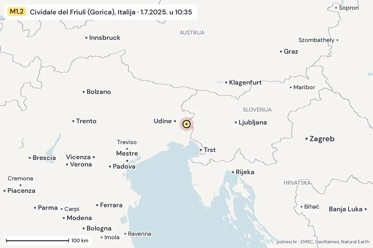 Karta: šire područje, 600 km, potres M1,2, Cividale del Friuli (Gorica), Italija, 1.7.2025.