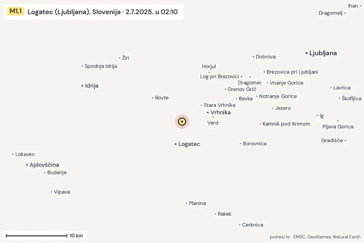 Karta: okolica epicentra, 60 km, potres M1,1, Logatec (Ljubljana), Slovenija, 2.7.2025.