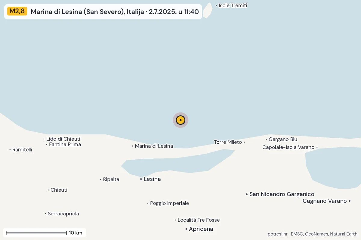 Karta: okolica epicentra, 60 km, potres M2,8, Marina di Lesina (San Severo), Italija, 2.7.2025.