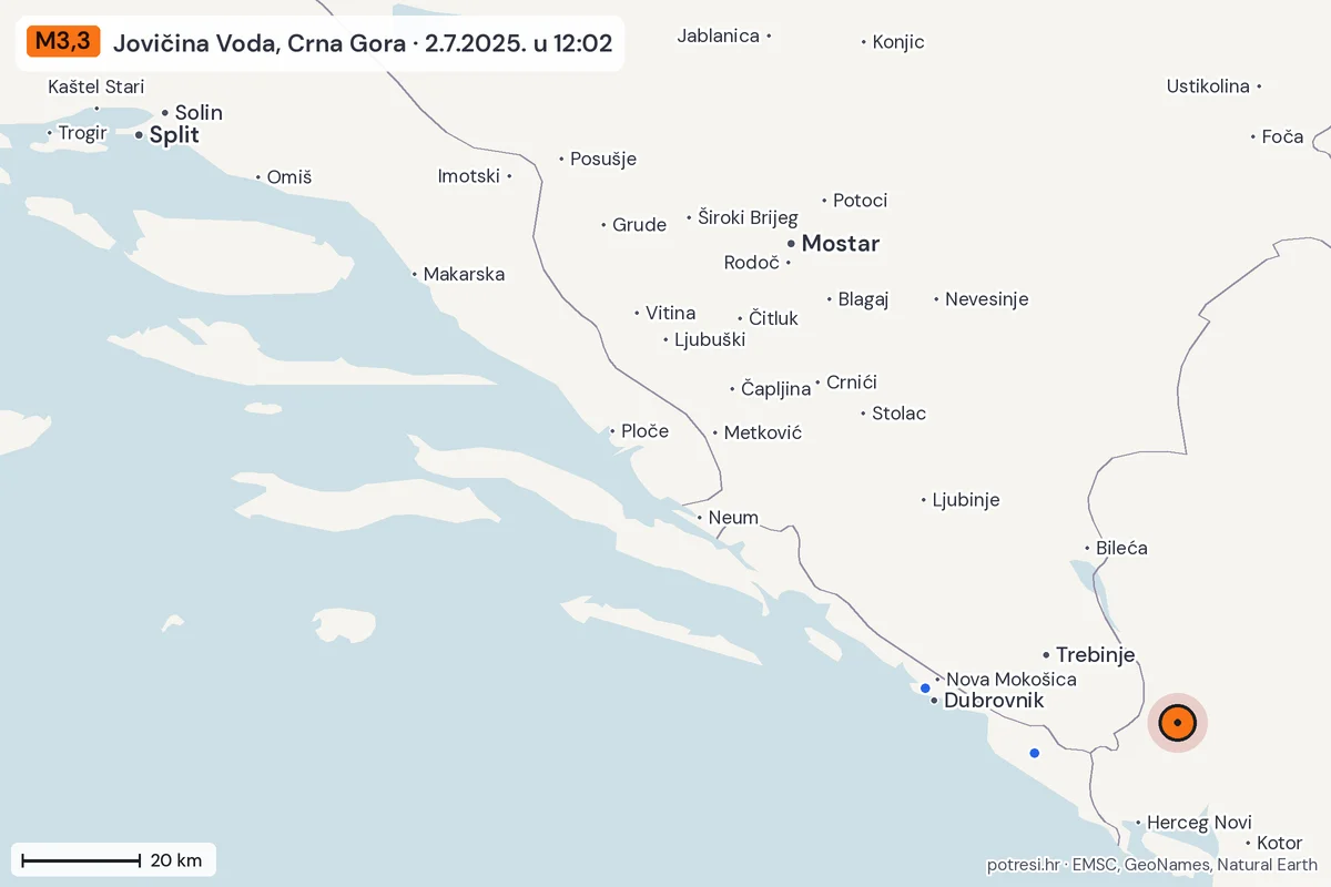Karta: izvješća građana, potres M3,3, Jovičina Voda, Crna Gora, 2.7.2025.