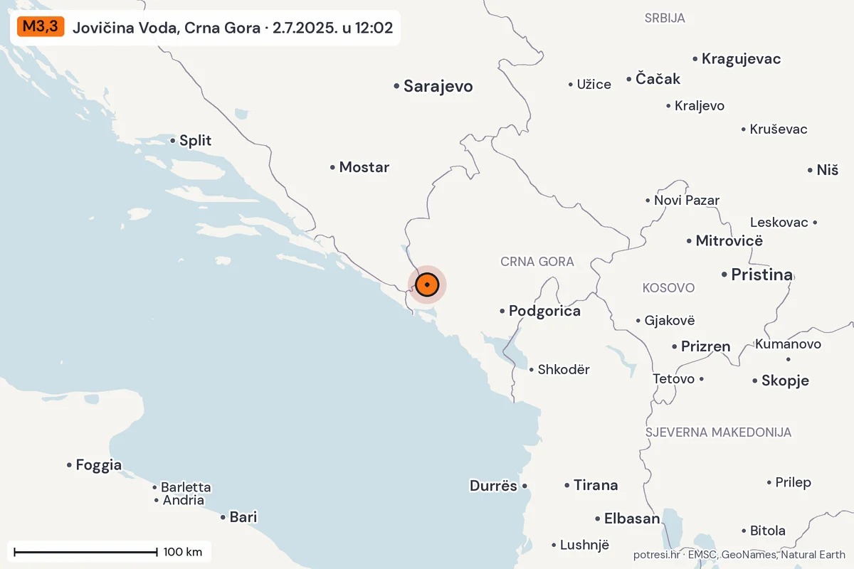 Karta: šire područje, 600 km, potres M3,3, Jovičina Voda, Crna Gora, 2.7.2025.