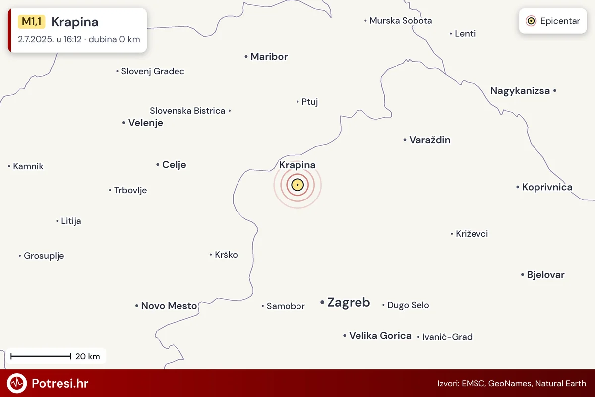 Karta: šire područje i vjerojatni doseg osjeta, potres M1,1, Krapina, 2.7.2025.