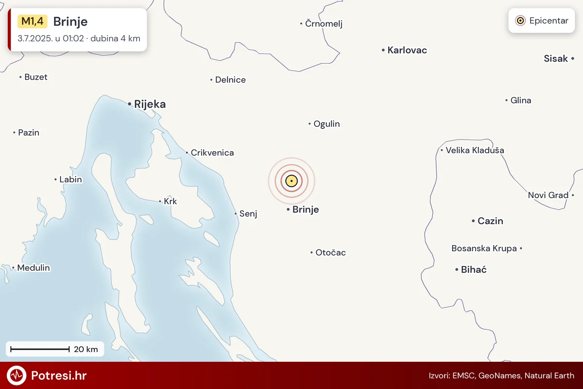 Karta: šire područje i vjerojatni doseg osjeta, potres M1,4, Brinje, 3.7.2025.