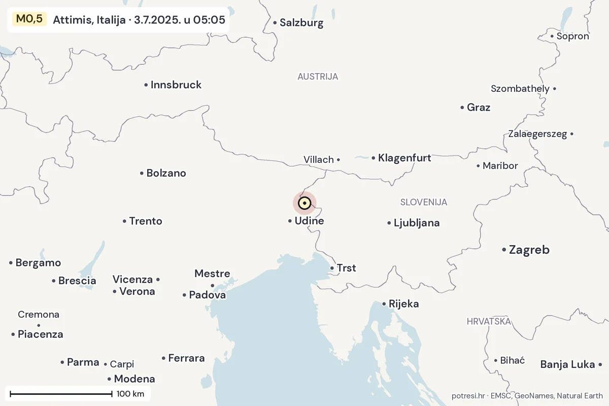 Karta: šire područje, 600 km, potres M0,5, Attimis, Italija, 3.7.2025.