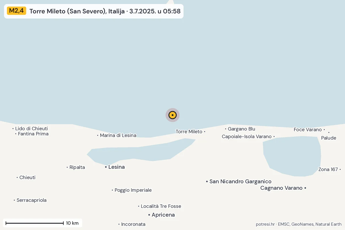 Karta: okolica epicentra, 60 km, potres M2,4, Torre Mileto (San Severo), Italija, 3.7.2025.