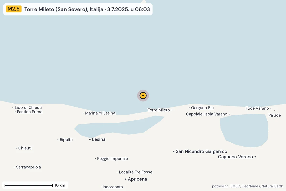 Karta: okolica epicentra, 60 km, potres M2,5, Torre Mileto (San Severo), Italija, 3.7.2025.