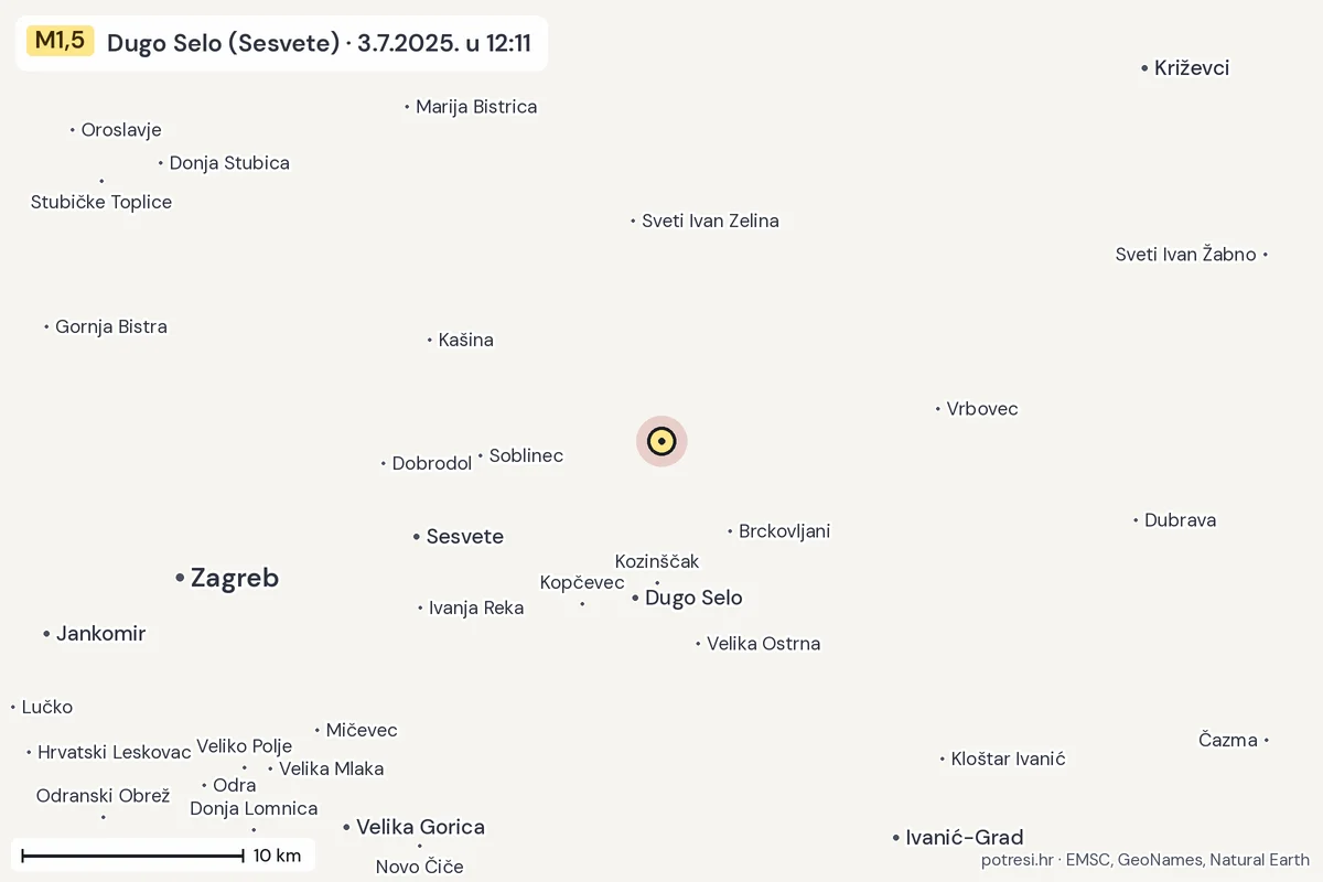 Karta: okolica epicentra, 60 km, potres M1,5, Dugo Selo (Sesvete), 3.7.2025.