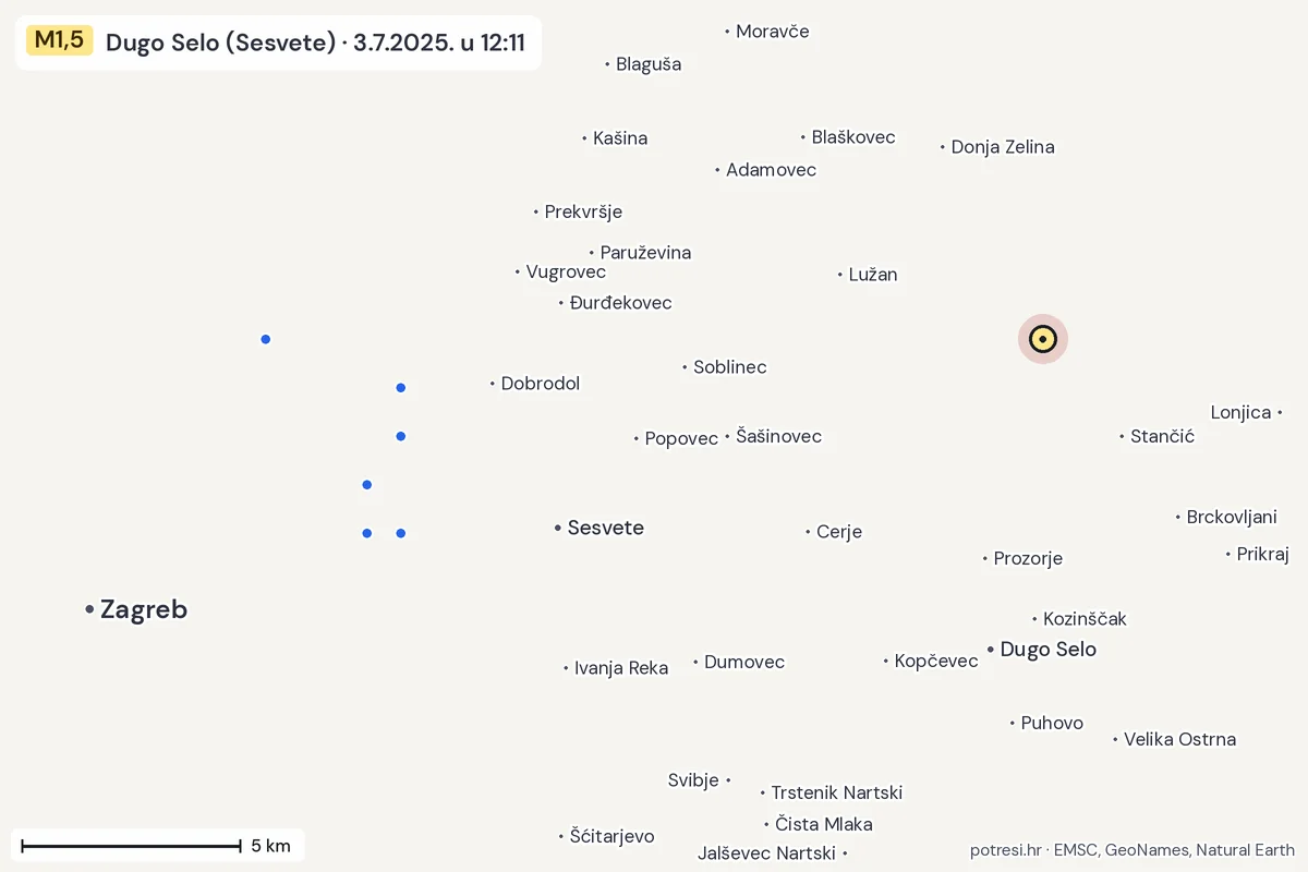 Karta: izvješća građana, potres M1,5, Dugo Selo (Sesvete), 3.7.2025.