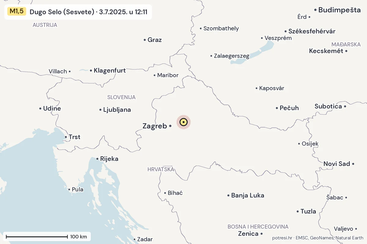 Karta: šire područje, 600 km, potres M1,5, Dugo Selo (Sesvete), 3.7.2025.