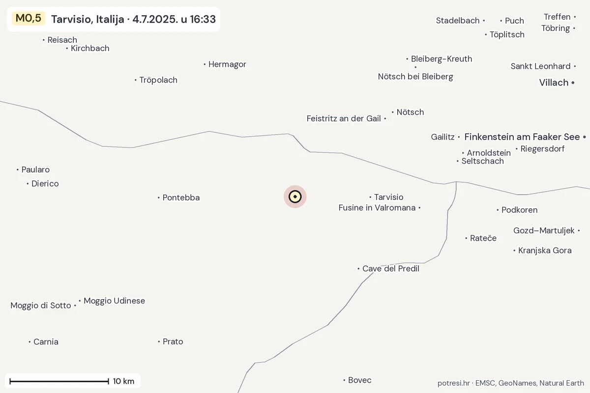 Karta: okolica epicentra, 60 km, potres M0,5, Tarvisio, Italija, 4.7.2025.