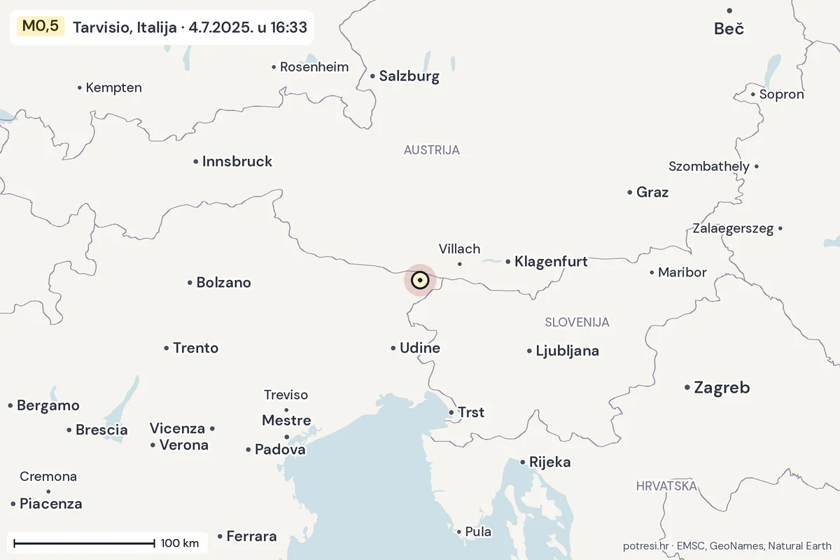 Karta: šire područje, 600 km, potres M0,5, Tarvisio, Italija, 4.7.2025.