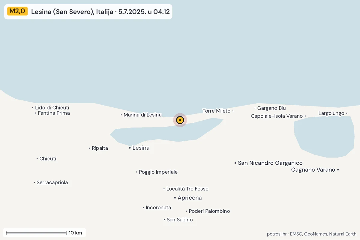 Karta: okolica epicentra, 60 km, potres M2,0, Lesina (San Severo), Italija, 5.7.2025.