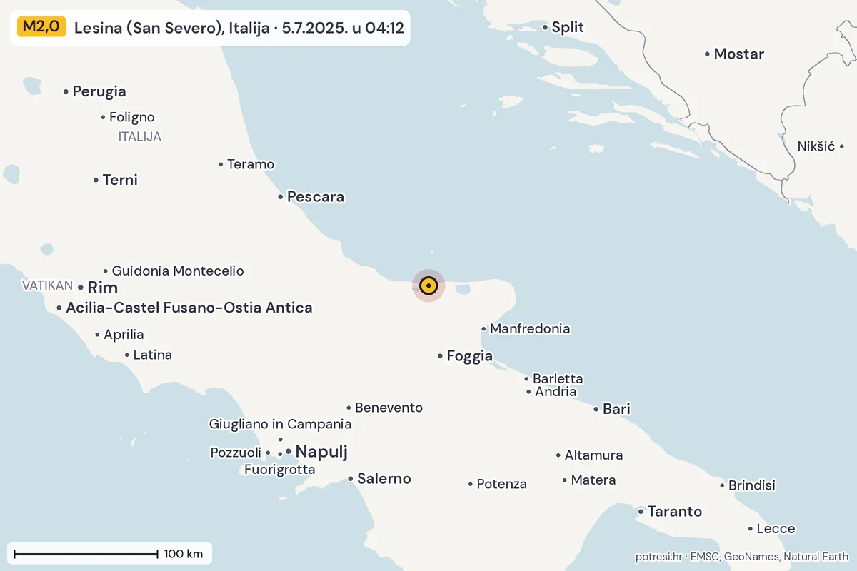 Karta: šire područje, 600 km, potres M2,0, Lesina (San Severo), Italija, 5.7.2025.