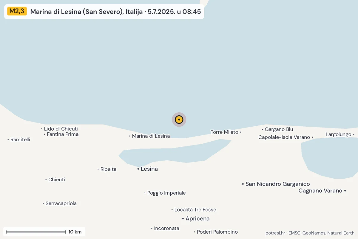 Karta: okolica epicentra, 60 km, potres M2,3, Marina di Lesina (San Severo), Italija, 5.7.2025.