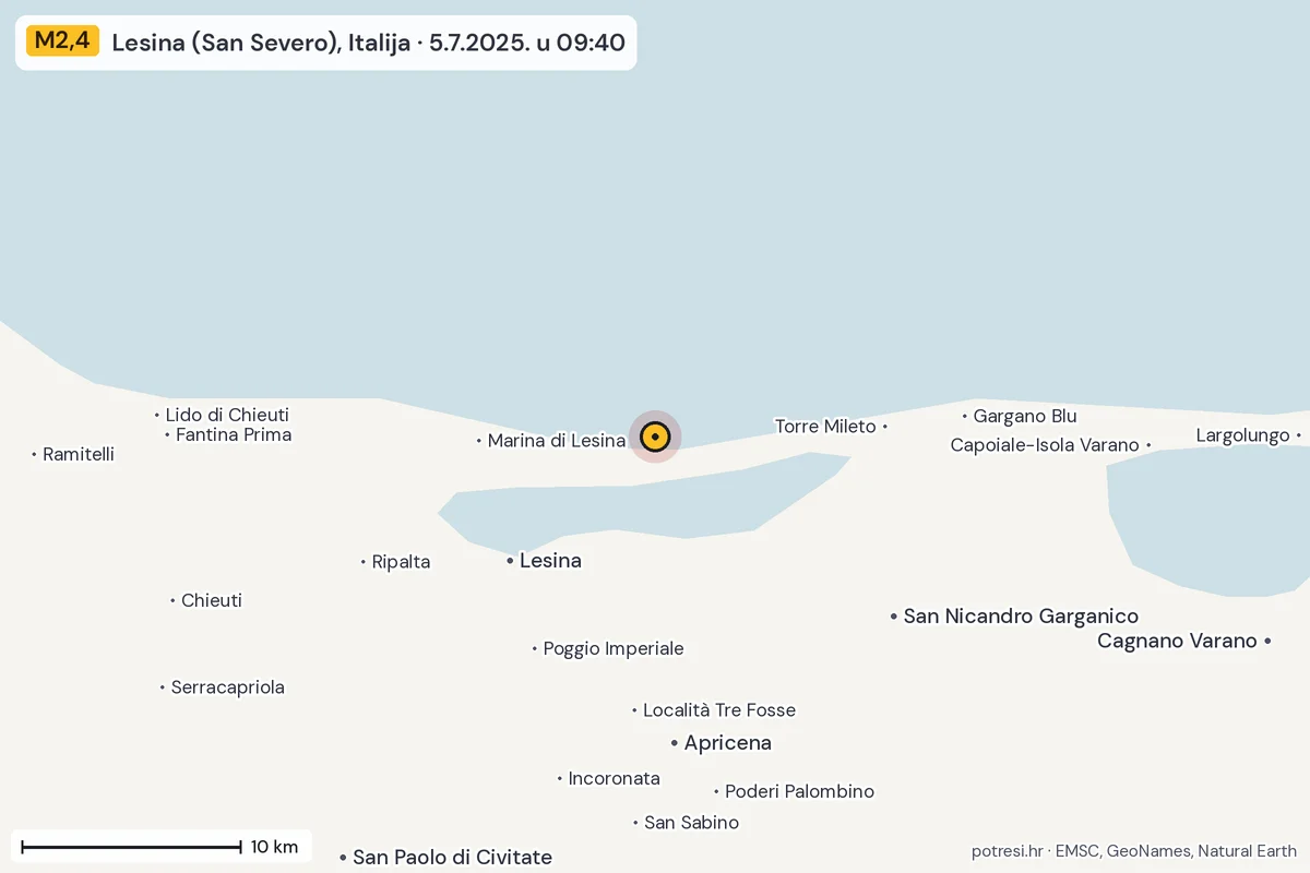 Karta: okolica epicentra, 60 km, potres M2,4, Lesina (San Severo), Italija, 5.7.2025.